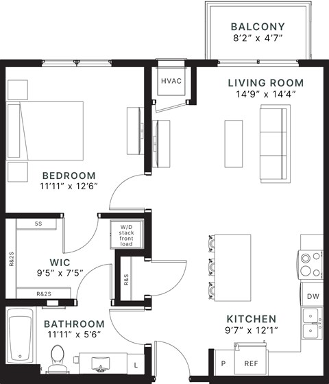 Floor plan for 1 bed, 1 bath, 772 sqft